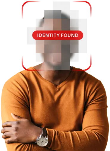 Man in an orange shirt with a blurred face; the phrase “Identity found” is overlaid across his face, suggesting de-anonymization