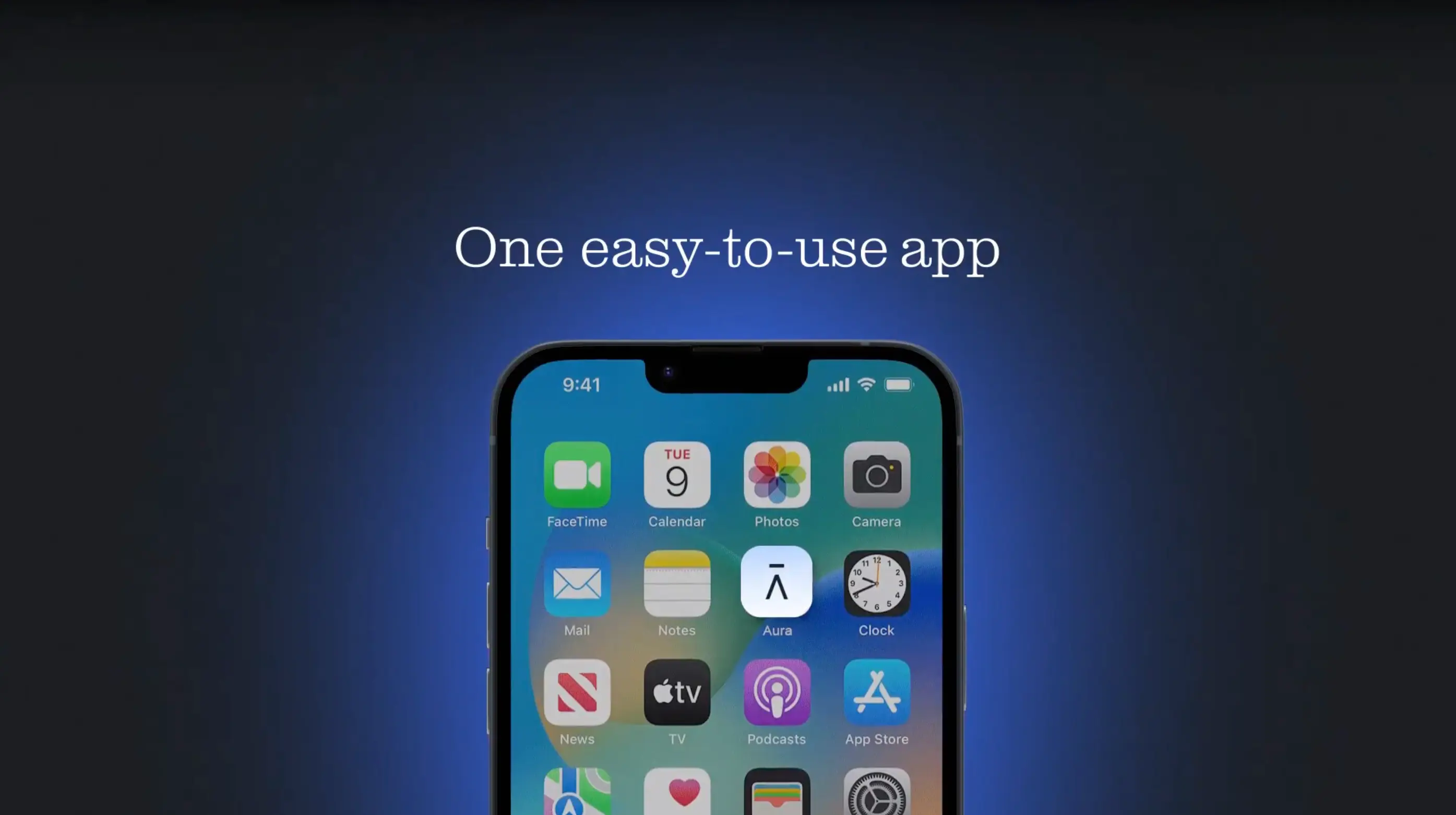 Video preview showing half of an iPhone homescreen with the Aura app, described as “One easy-to-use app”